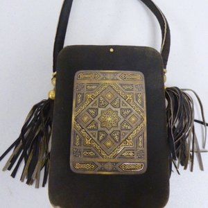 Vintage Revlon compact brown gold suede art deco brass accent rare